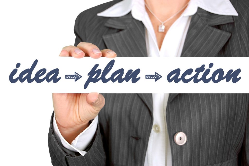 Palabras "idea", "plan" y "success" separadas por flechas